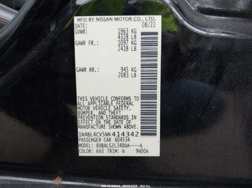 2022 Nissan Altima Sr Fwd VIN: 1N4BL4CV5NN414342 Lot: 43186444