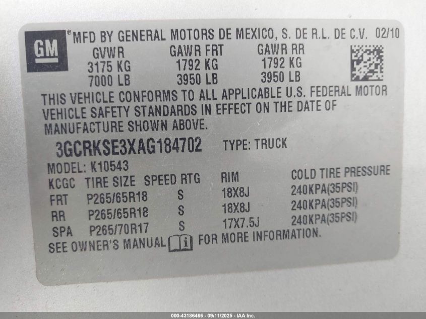 2010 Chevrolet Silverado 1500 Lt VIN: 3GCRKSE3XAG184702 Lot: 43186466