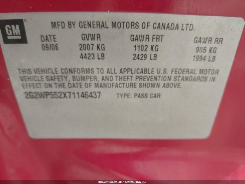 2007 Pontiac Grand Prix VIN: 2G2WP552X71146437 Lot: 43186472