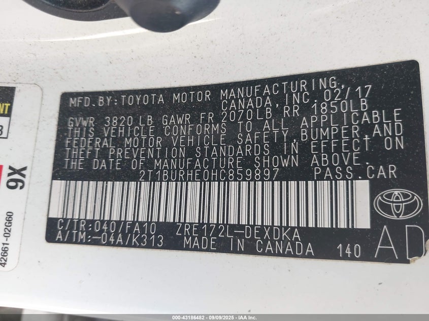 2017 TOYOTA COROLLA L - 2T1BURHE0HC859897
