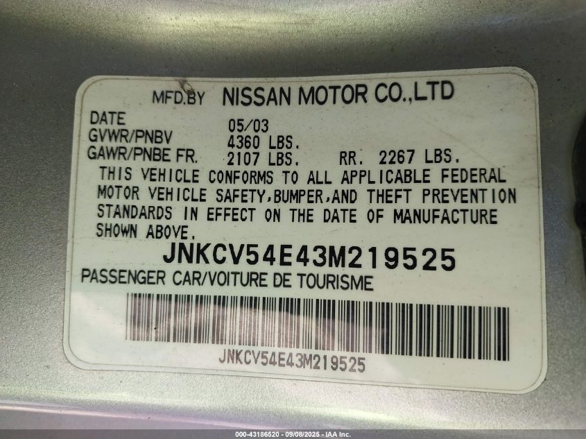 2003 Infiniti G35 VIN: JNKCV54E43M219525 Lot: 43186520