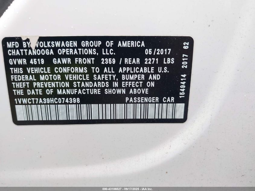 2017 Volkswagen Passat 1.8T Sel Premium VIN: 1VWCT7A39HC074398 Lot: 43186527