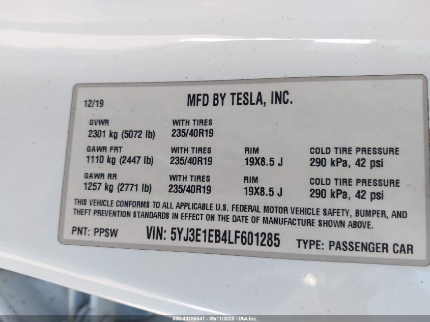 2020 Tesla Model 3 Long Range Dual Motor All-Wheel Drive VIN: 5YJ3E1EB4LF601285 Lot: 43186541