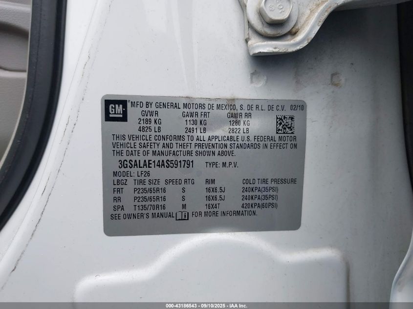 2010 Saturn Vue Xe VIN: 3GSALAE14AS591791 Lot: 43186543