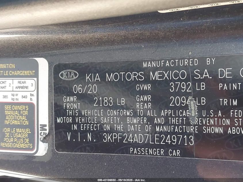 2020 Kia Forte Fe VIN: 3KPF24AD7LE249713 Lot: 43186550