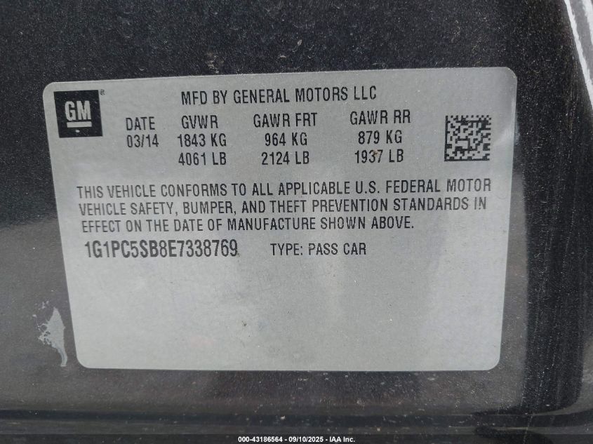 2014 Chevrolet Cruze 1Lt Auto VIN: 1G1PC5SB8E7338769 Lot: 43186564