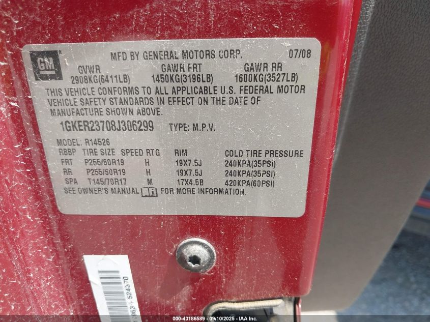 2008 GMC Acadia Slt-1 VIN: 1GKER23708J306299 Lot: 43186589