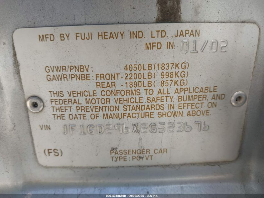 2002 Subaru Impreza Wrx VIN: JF1GD296X2G523676 Lot: 43186590