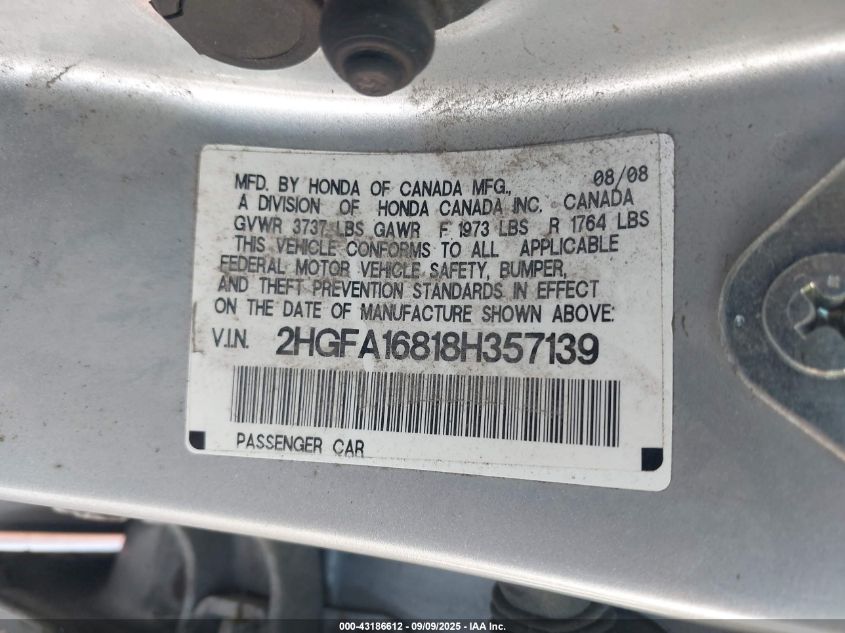2008 Honda Civic Ex VIN: 2HGFA16818H357139 Lot: 43186612