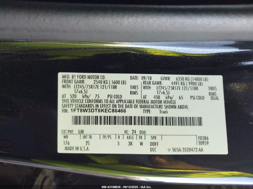 2019 Ford F-350 Xlt VIN: 1FT8W3DT8KEC86466 Lot: 43186638