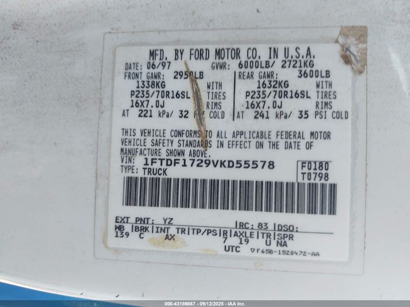 1997 Ford F-150 Standard/Xl/Xlt VIN: 1FTDF1729VKD55578 Lot: 43186667