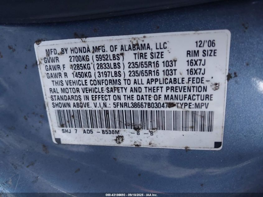 2007 Honda Odyssey Exl VIN: 5FNRL38667B030477 Lot: 43186693