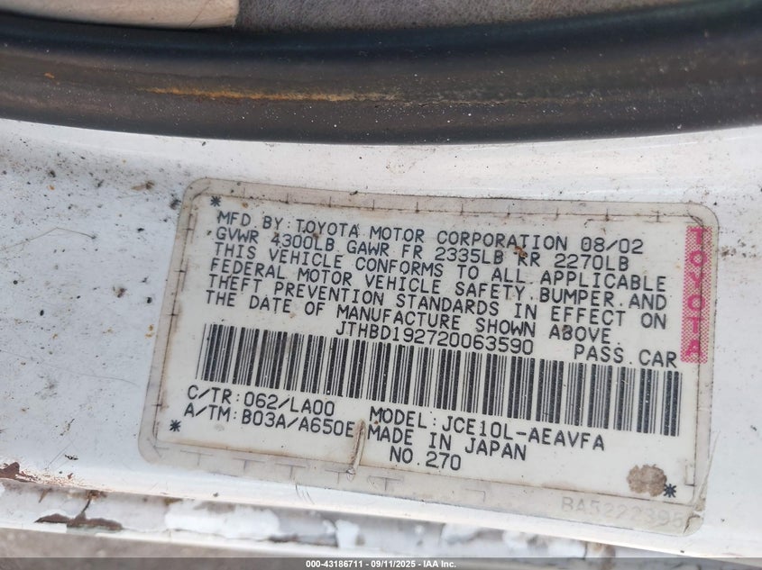 2002 Lexus Is 300 VIN: JTHBD192720063590 Lot: 43186711