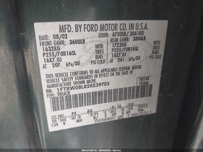 2002 Ford F-150 Lariat/Xlt VIN: 1FTRW08L82KE39703 Lot: 43186732