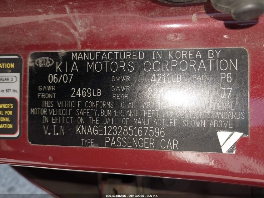 2008 Kia Optima Lx VIN: KNAGE123285167596 Lot: 43186806