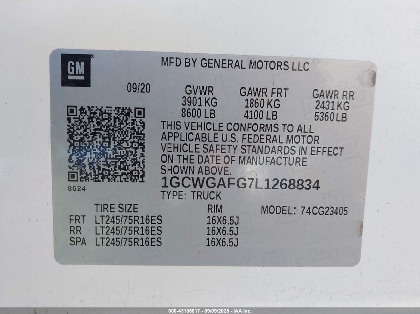 2020 CHEVROLET EXPRESS CARGO RWD 2500 REGULAR WHEELBASE WT - 1GCWGAFG7L1268834