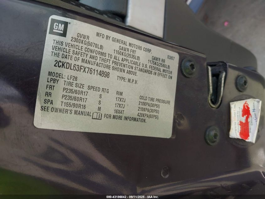 2007 Pontiac Torrent VIN: 2CKDL63FX76114898 Lot: 43186842