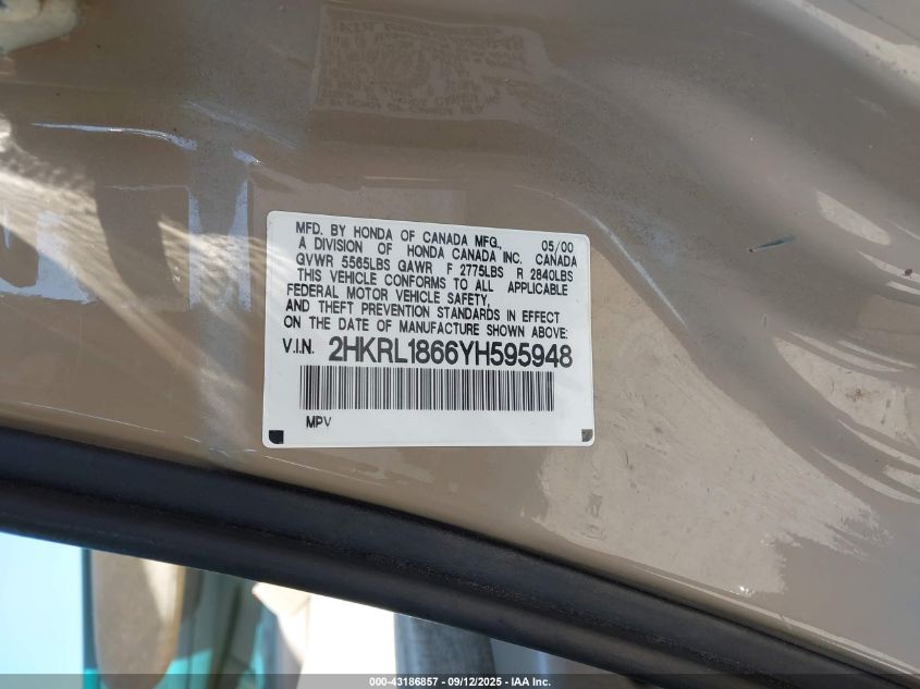 2000 Honda Odyssey Ex VIN: 2HKRL1866YH595948 Lot: 43186857