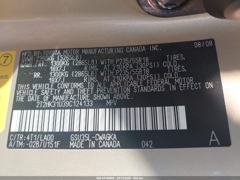 2009 Lexus Rx 350 VIN: 2T2HK31U39C124133 Lot: 43186888