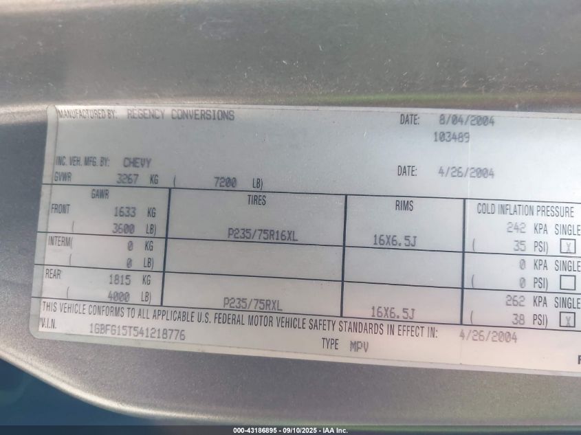 2004 Chevrolet Express VIN: 1GBFG15T541218776 Lot: 43186895