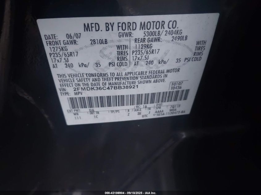 2007 Ford Edge Se VIN: 2FMDK36C47BB38921 Lot: 43186904