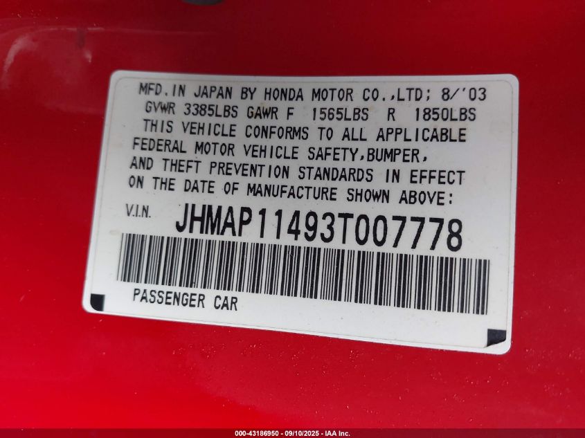 2003 Honda S2000 VIN: JHMAP11493T007778 Lot: 43186950