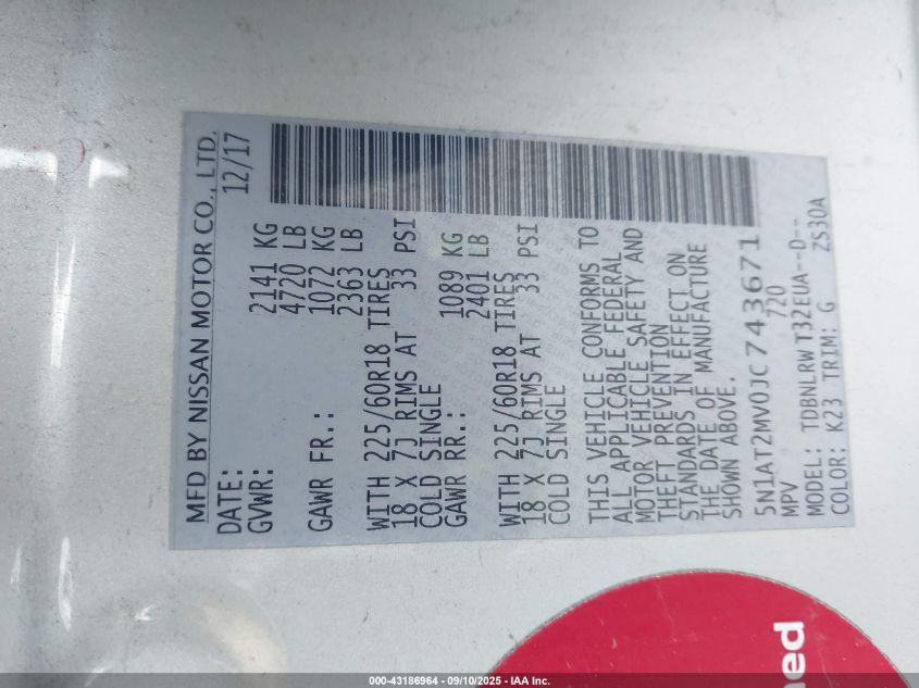 2018 Nissan Rogue Sl VIN: 5N1AT2MV0JC743671 Lot: 43186964