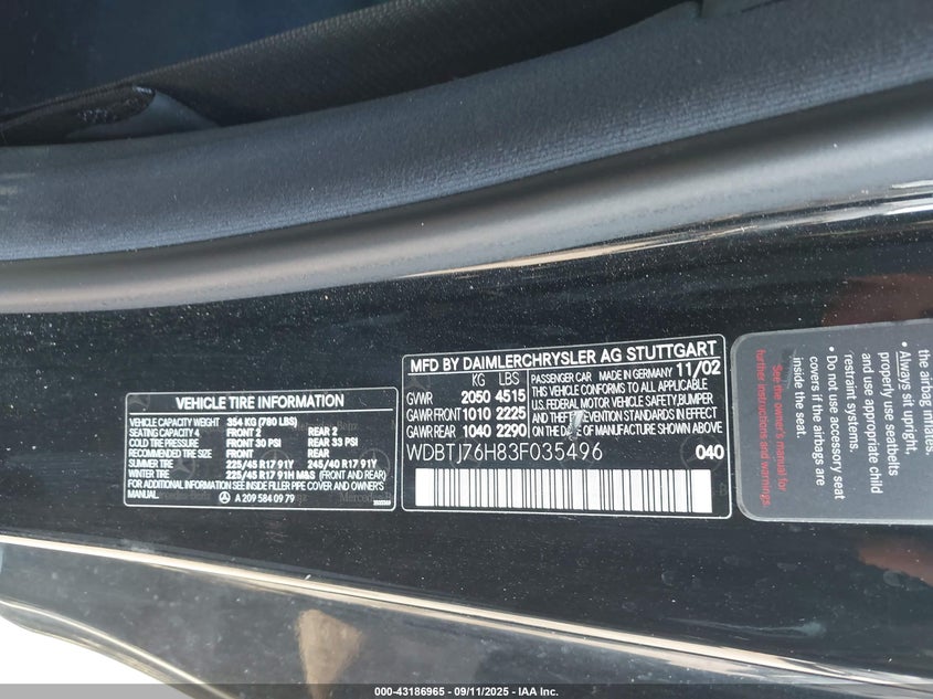 WDBTJ76H83F035496 2003 MERCEDES-BENZ CLK-KLASSE photo no. 9