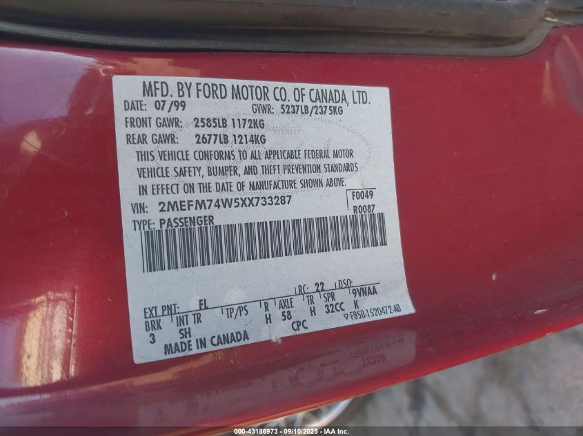 1999 Mercury Grand Marquis Gs VIN: 2MEFM74W5XX733287 Lot: 43186973