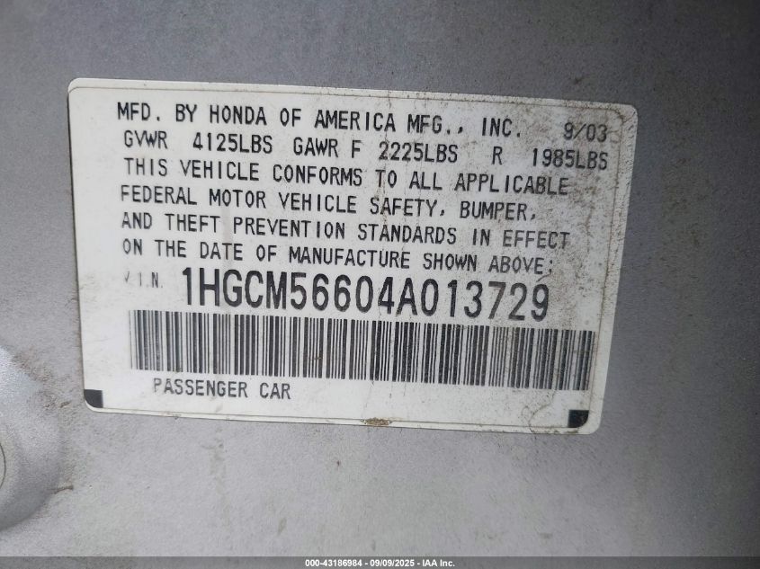 2004 Honda Accord 2.4 Ex VIN: 1HGCM56604A013729 Lot: 43186984