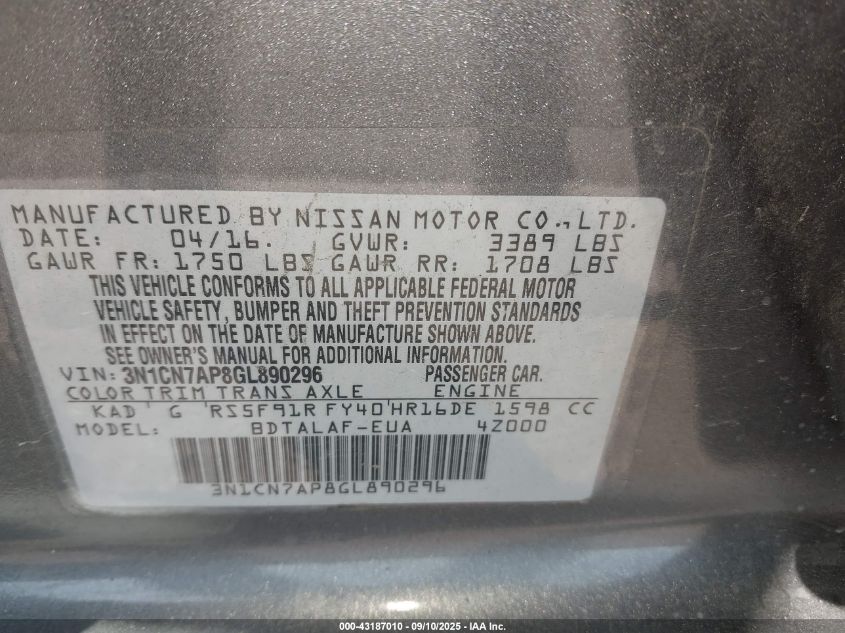 2016 Nissan Versa 1.6 S VIN: 3N1CN7AP8GL890296 Lot: 43187010