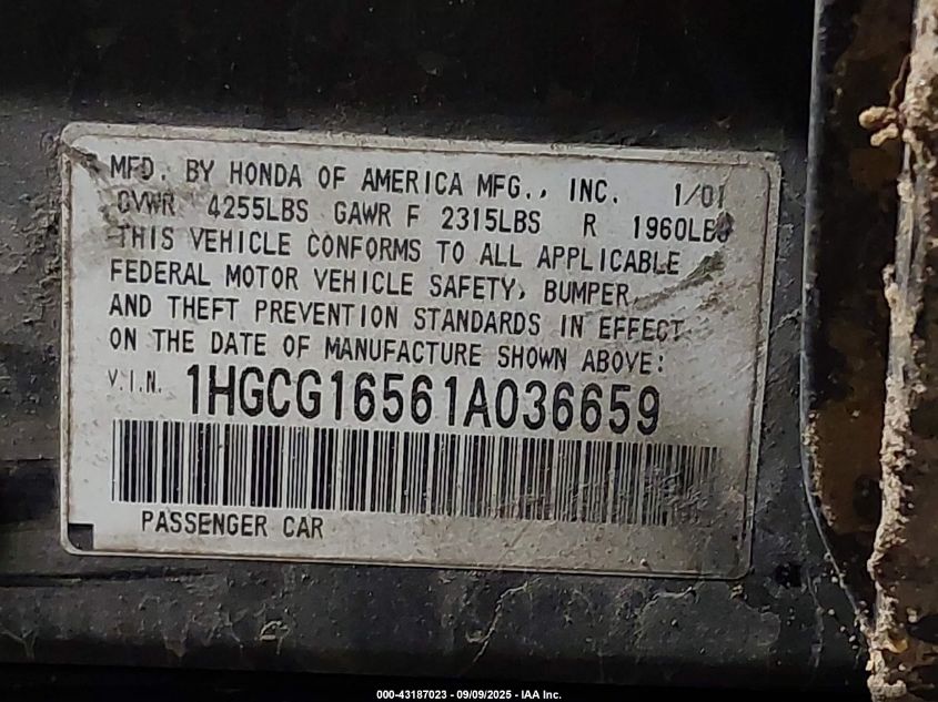 2001 Honda Accord 3.0 Ex VIN: 1HGCG16561A036659 Lot: 43187023