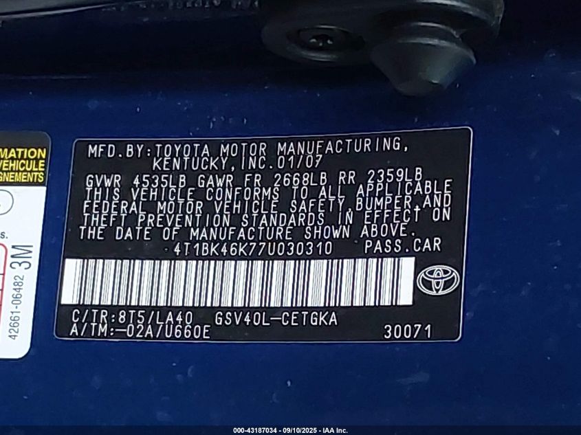 2007 Toyota Camry Xle V6 VIN: 4T1BK46K77U030310 Lot: 43187034