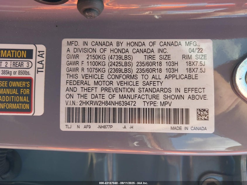 2022 HONDA CR-V AWD EX-L - 2HKRW2H84NH639472