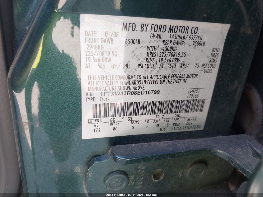 2008 Ford F-450 King Ranch/Lariat/Xl/Xlt VIN: 1FTXW43R08ED16799 Lot: 43187056