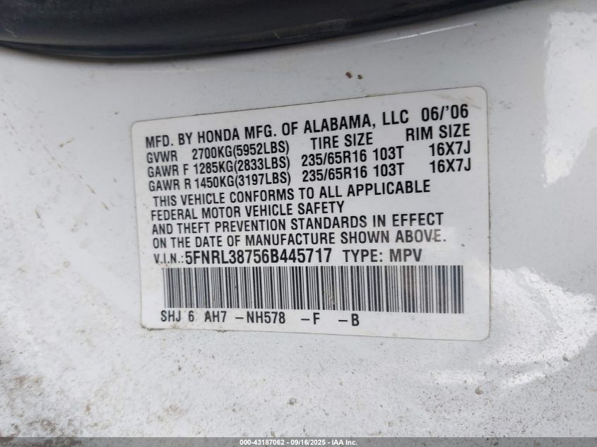 2006 Honda Odyssey Ex-L VIN: 5FNRL38756B445717 Lot: 43187062