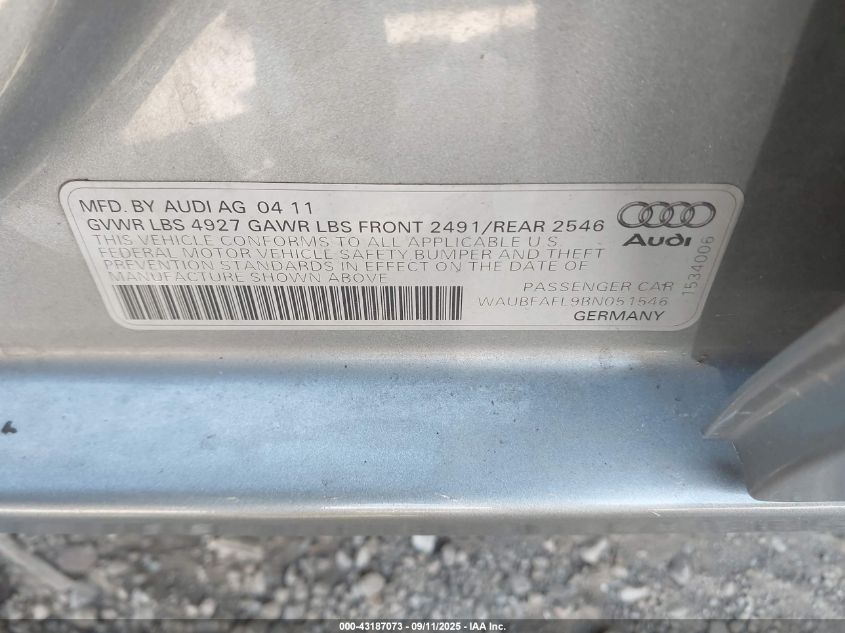 2011 Audi A4 2.0T Premium VIN: WAUBFAFL9BN051546 Lot: 43187073