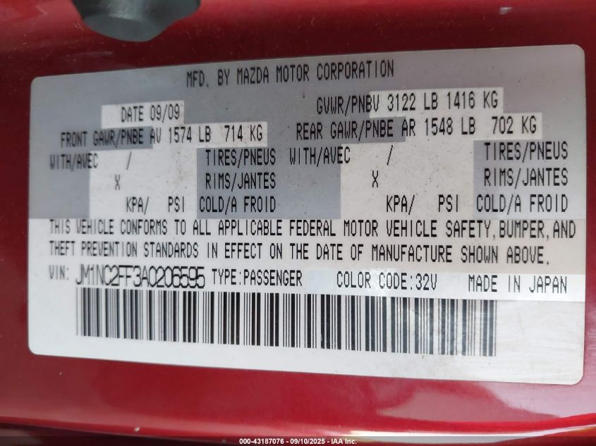 2010 Mazda Mx-5 Miata Touring VIN: JM1NC2FF3A0206595 Lot: 43187076