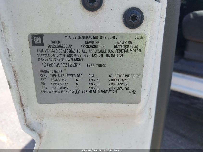 2007 GMC Sierra 1500 Classic Work Truck VIN: 1GTEC19V17Z121384 Lot: 43187090