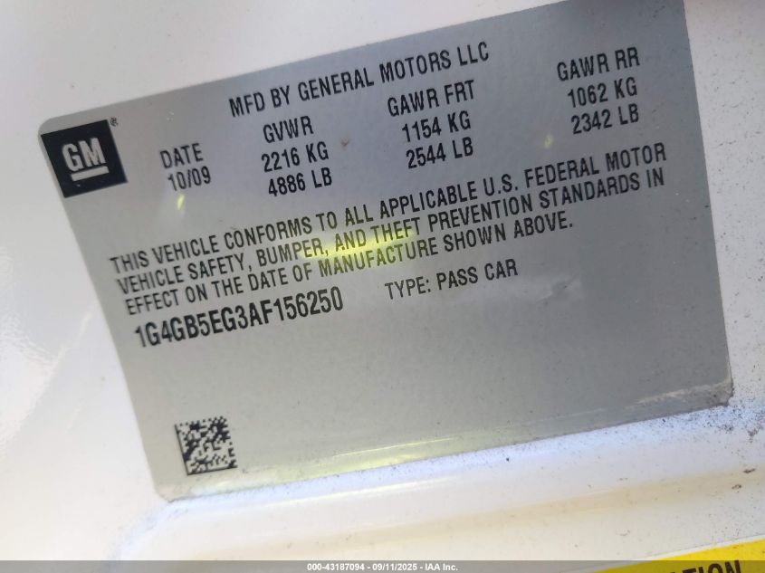 2010 Buick Lacrosse Cx VIN: 1G4GB5EG3AF156250 Lot: 43187094