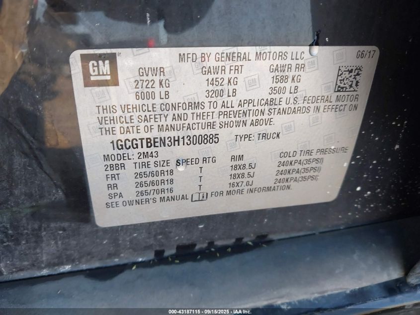 2017 Chevrolet Colorado Wt VIN: 1GCGTBEN3H1300885 Lot: 43187115