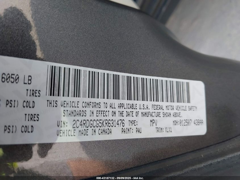 2019 Dodge Grand Caravan Sxt VIN: 2C4RDGCG5KR631476 Lot: 43187132