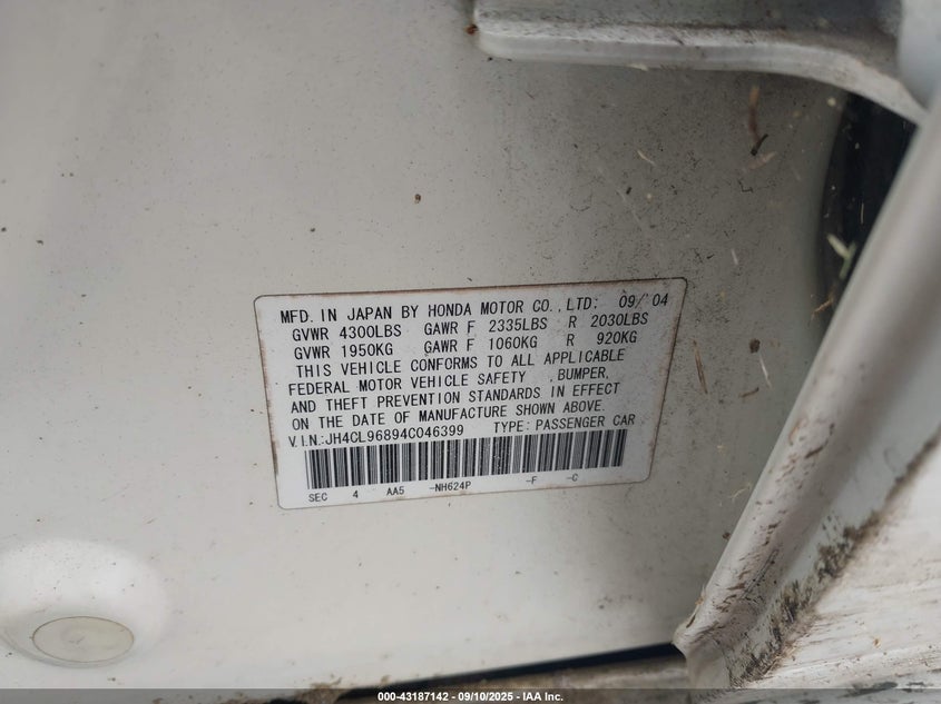 2004 Acura Tsx VIN: JH4CL96894C046399 Lot: 43187142