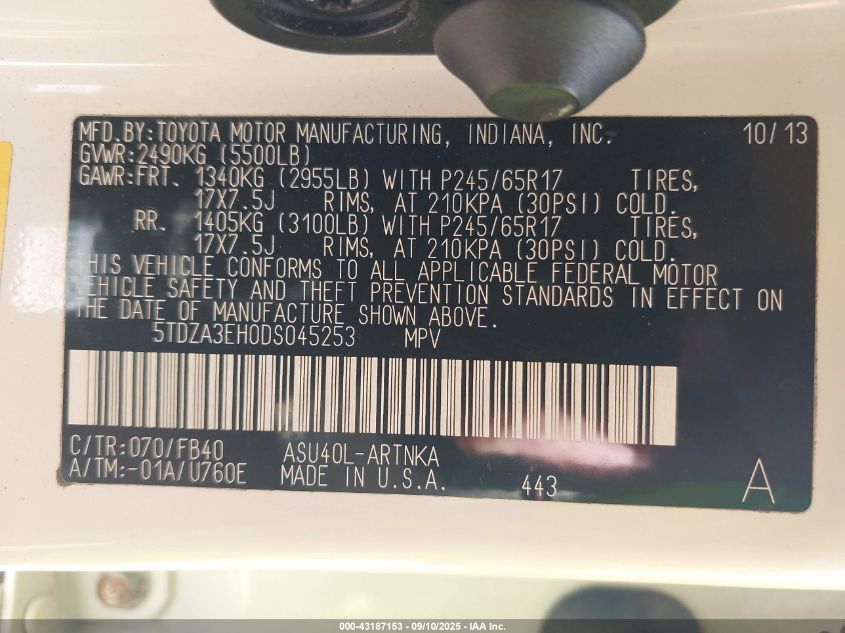 2013 Toyota Highlander VIN: 5TDZA3EH0DS045253 Lot: 43187153