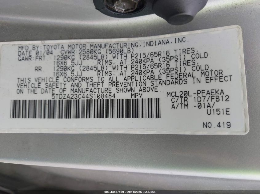 2004 Toyota Sienna Le VIN: 5TDZA23C44S108484 Lot: 43187169
