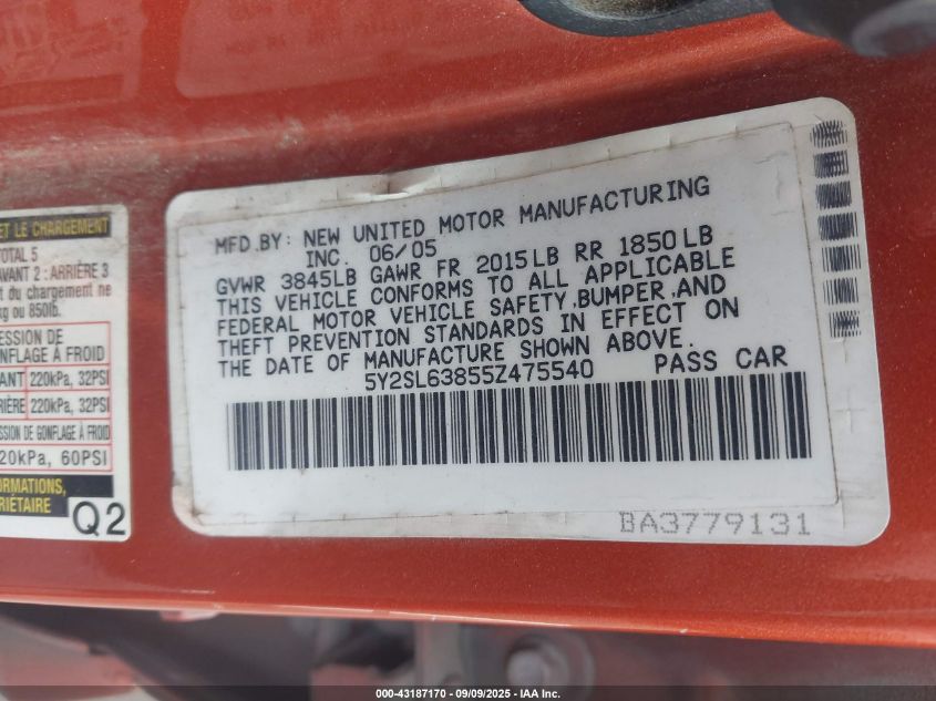 2005 Pontiac Vibe VIN: 5Y2SL63855Z475540 Lot: 43187170