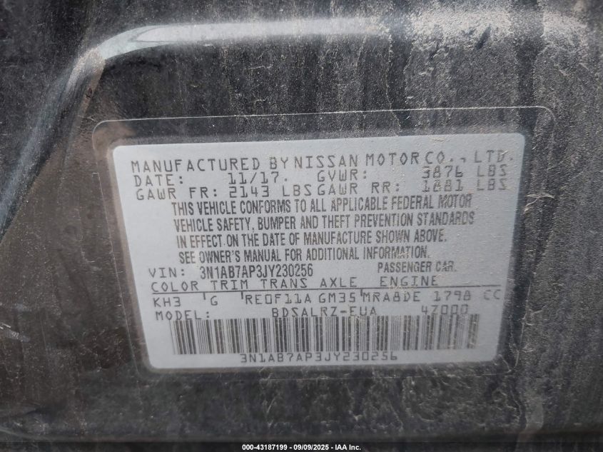 2018 Nissan Sentra Sr VIN: 3N1AB7AP3JY230256 Lot: 43187199