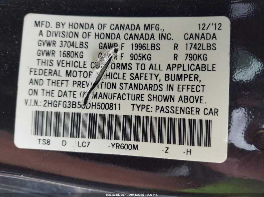 2013 Honda Civic Lx VIN: 2HGFG3B50DH500811 Lot: 43187207