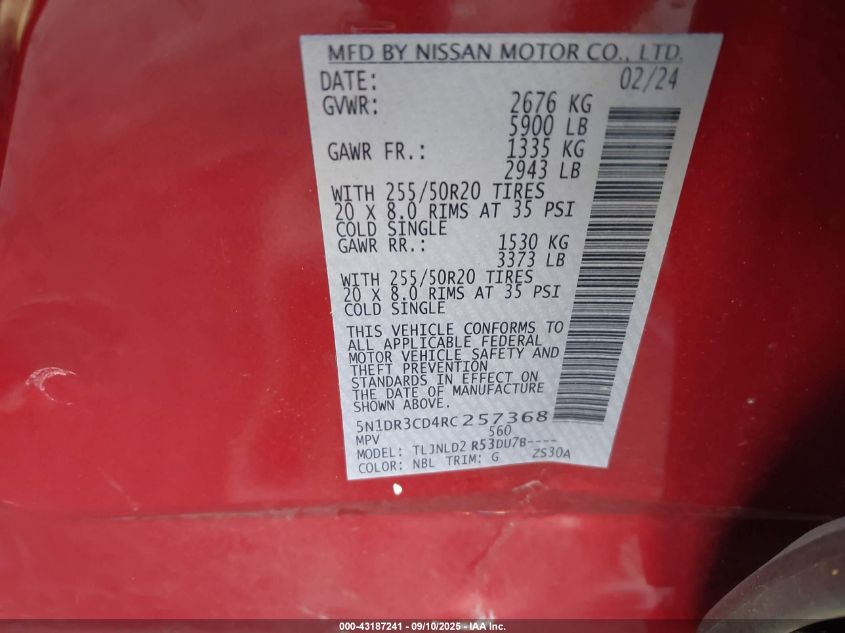 2024 Nissan Pathfinder Sl 4Wd VIN: 5N1DR3CD4RC257368 Lot: 43187241