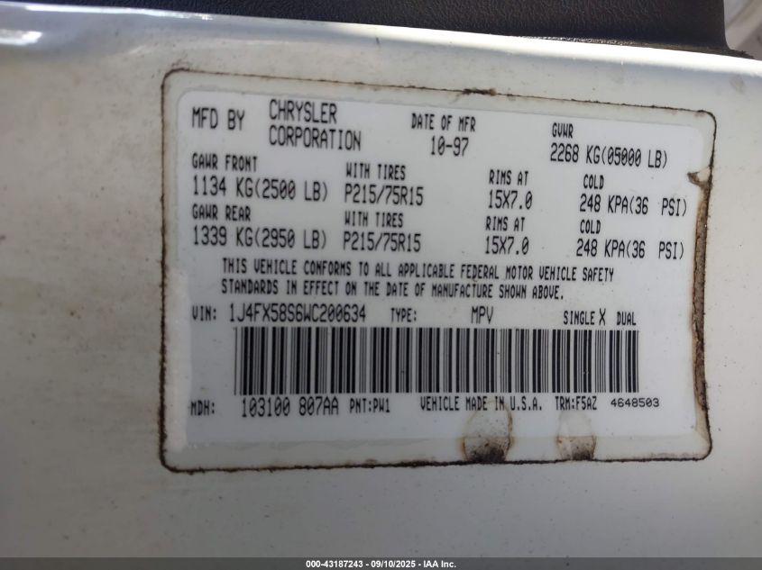 1998 Jeep Grand Cherokee Laredo VIN: 1J4FX58S6WC200634 Lot: 43187243